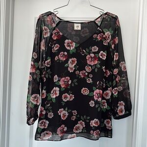 CAbi Floral Sheer Blouse in Black and Pink